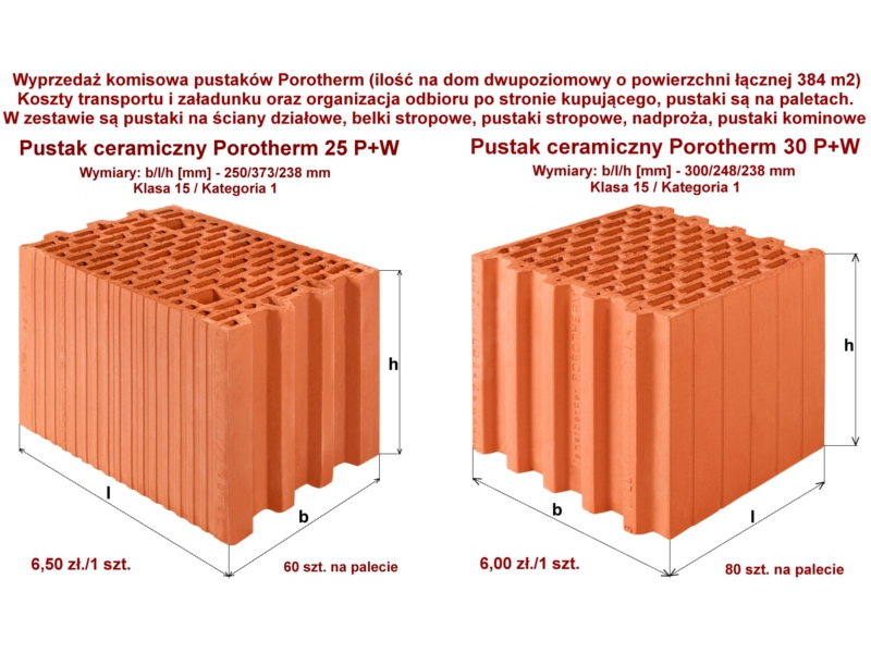 Pustaki ceramiczne Porotherm 25 P+W, 30 P+W (komis)